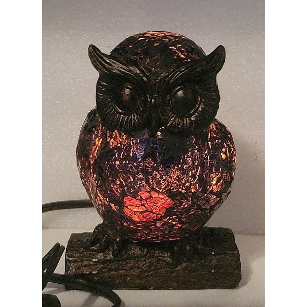 Vtg Tiffany Style Mosaic Stained Crackle Glass Owl Night Light Table Lamp 6.5"